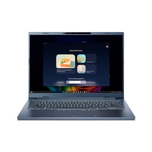 Acer Swift Go 14 AI OLED SFG14-75 laptop in blue, open on a desk